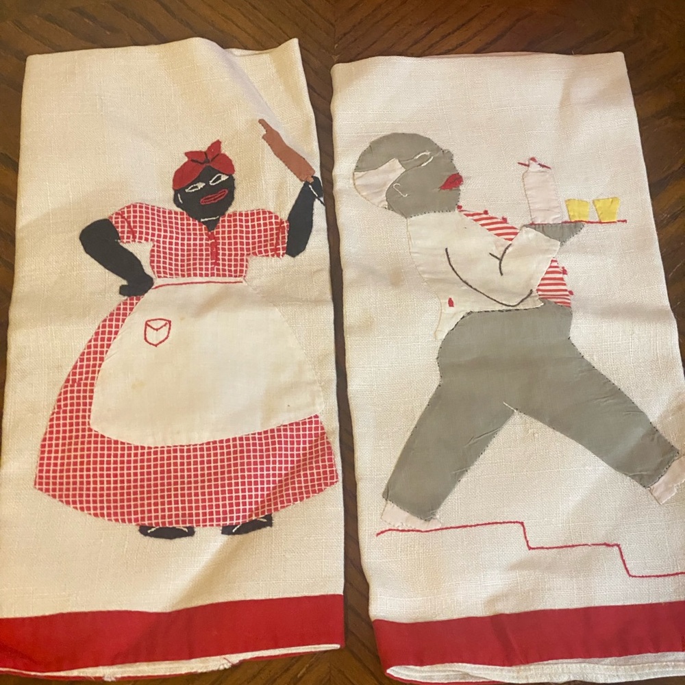 Set of vintage Black Americana tea towels featuring applique designs.